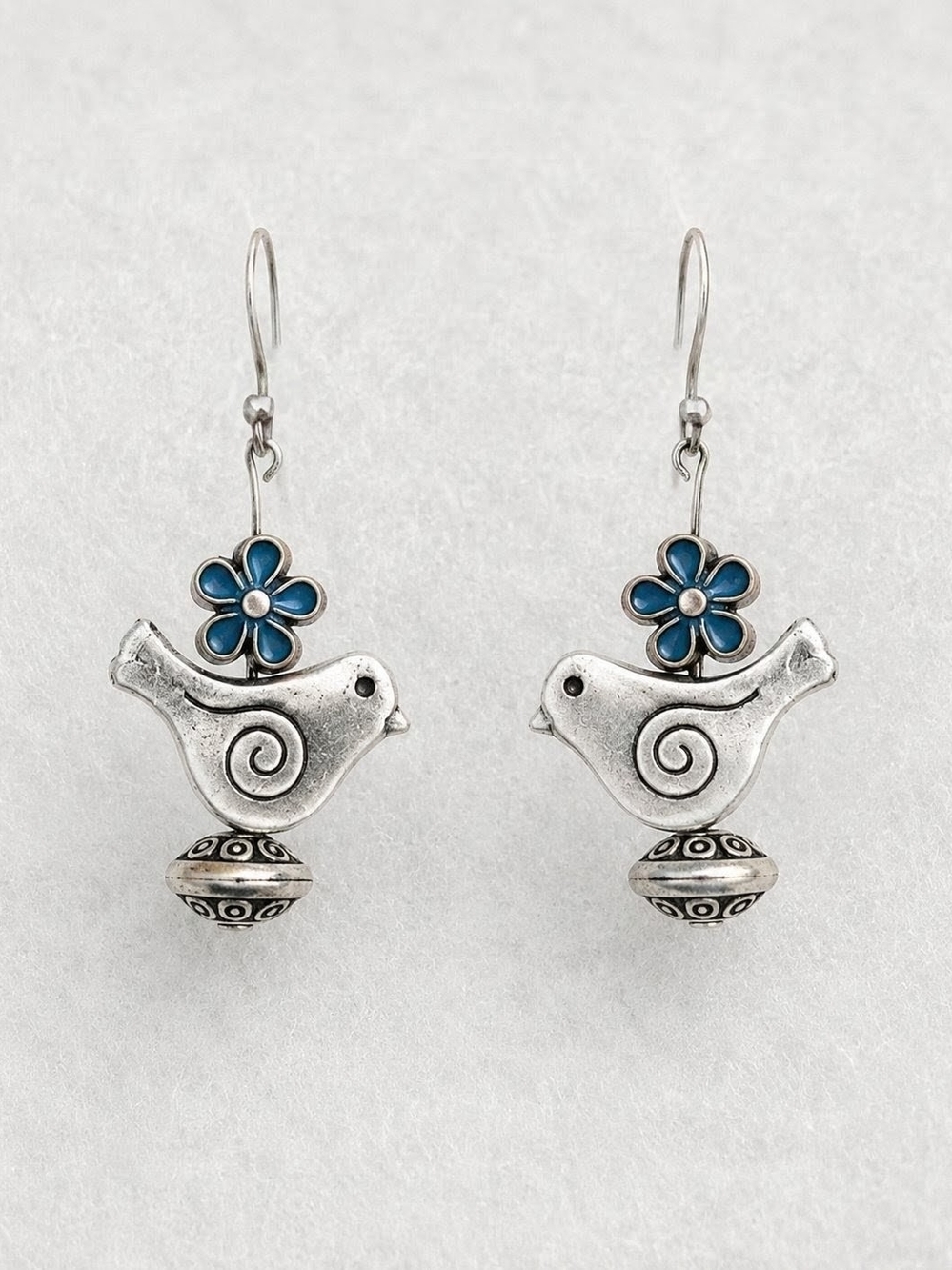 Whimsical Silver Bird Dangle Earrings with Blue Daisy Accent - Handmade